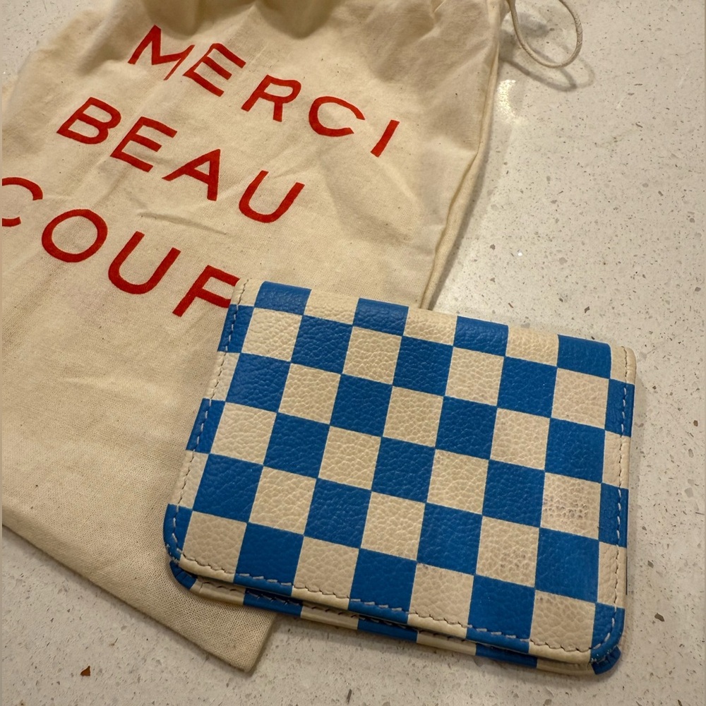 NWOT Clare V blue and white checkered card case ♟️😁